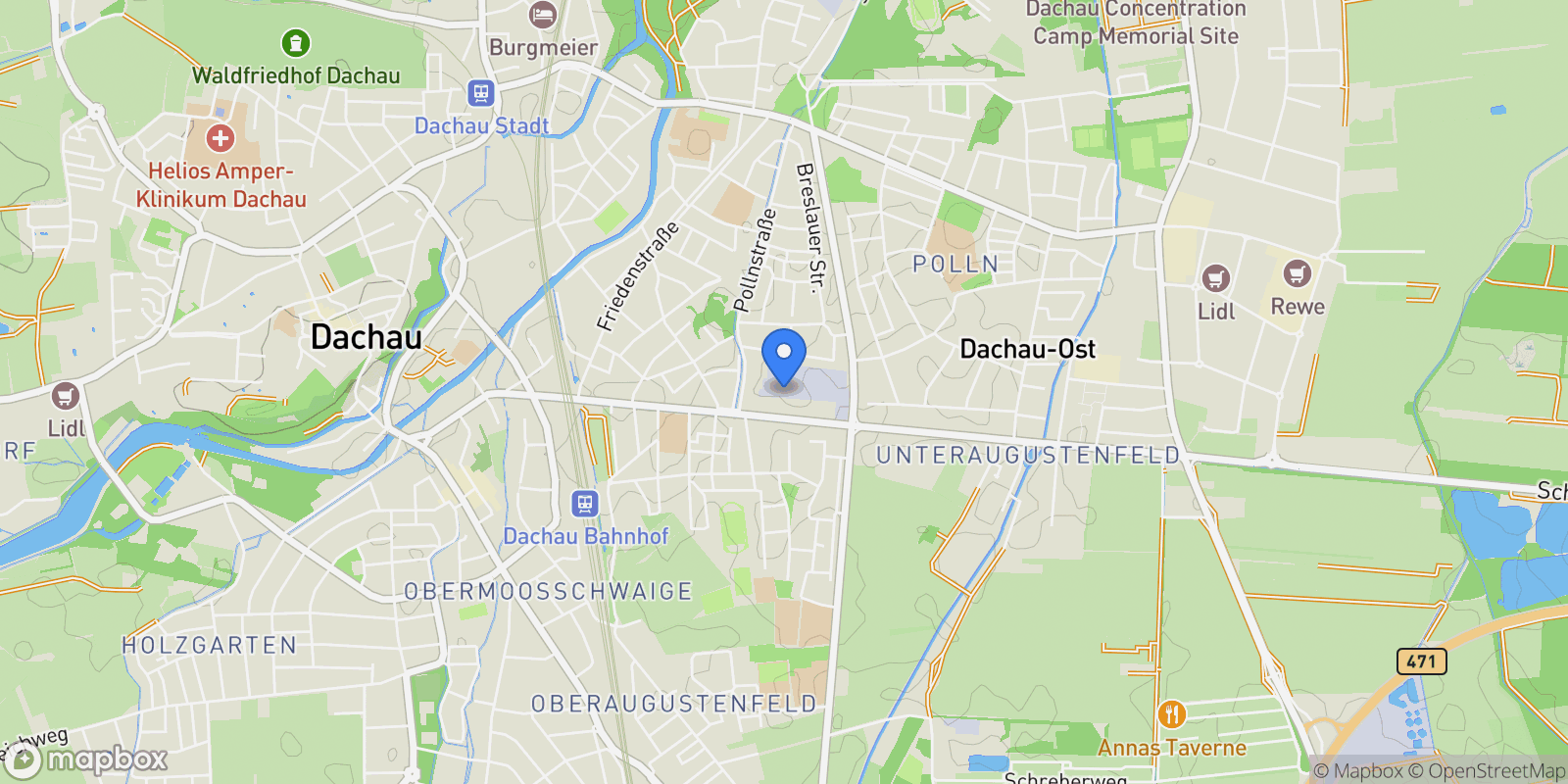 Map showing Dachau, Bavaria, Germany.