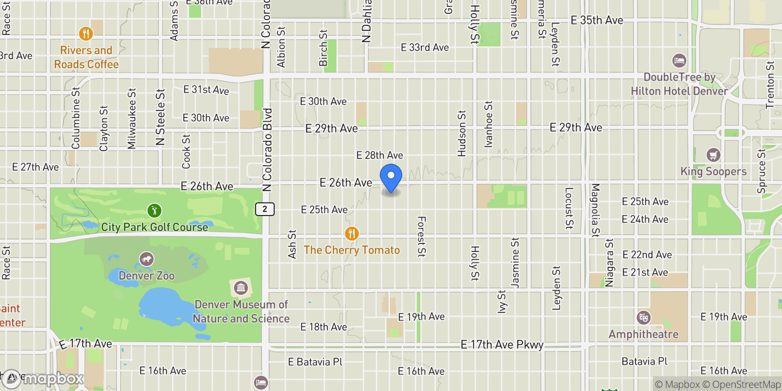 Map showing 2541 Elm Street, Denver, Colorado, United States.