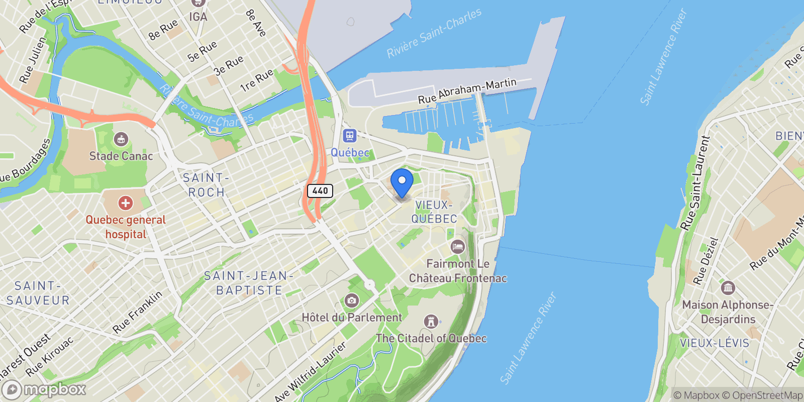 Map showing 29 Côte du Palais, Apt. 207, La Cité, QC G1R4H9, Quebec City, Quebec, Canada.