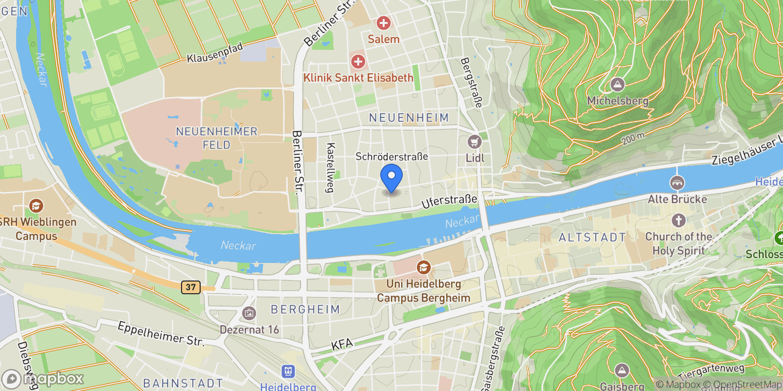 Map showing Heidelberg, Baden-Württemberg, Germany.