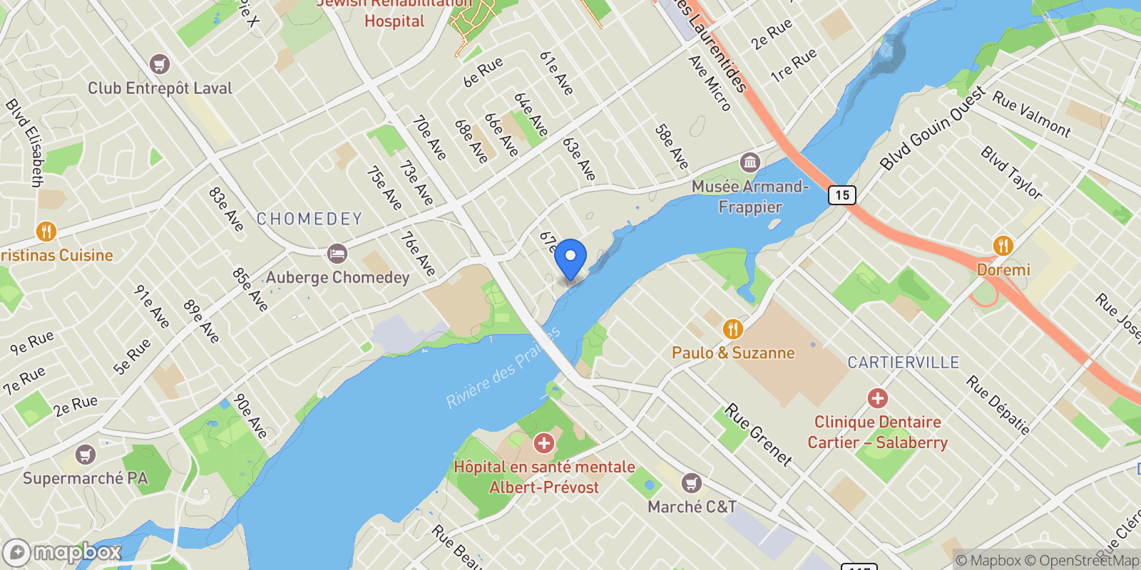 Map showing 1 68e Avenue, Chomedey, QC H7V2M5, Laval, Quebec, Canada.