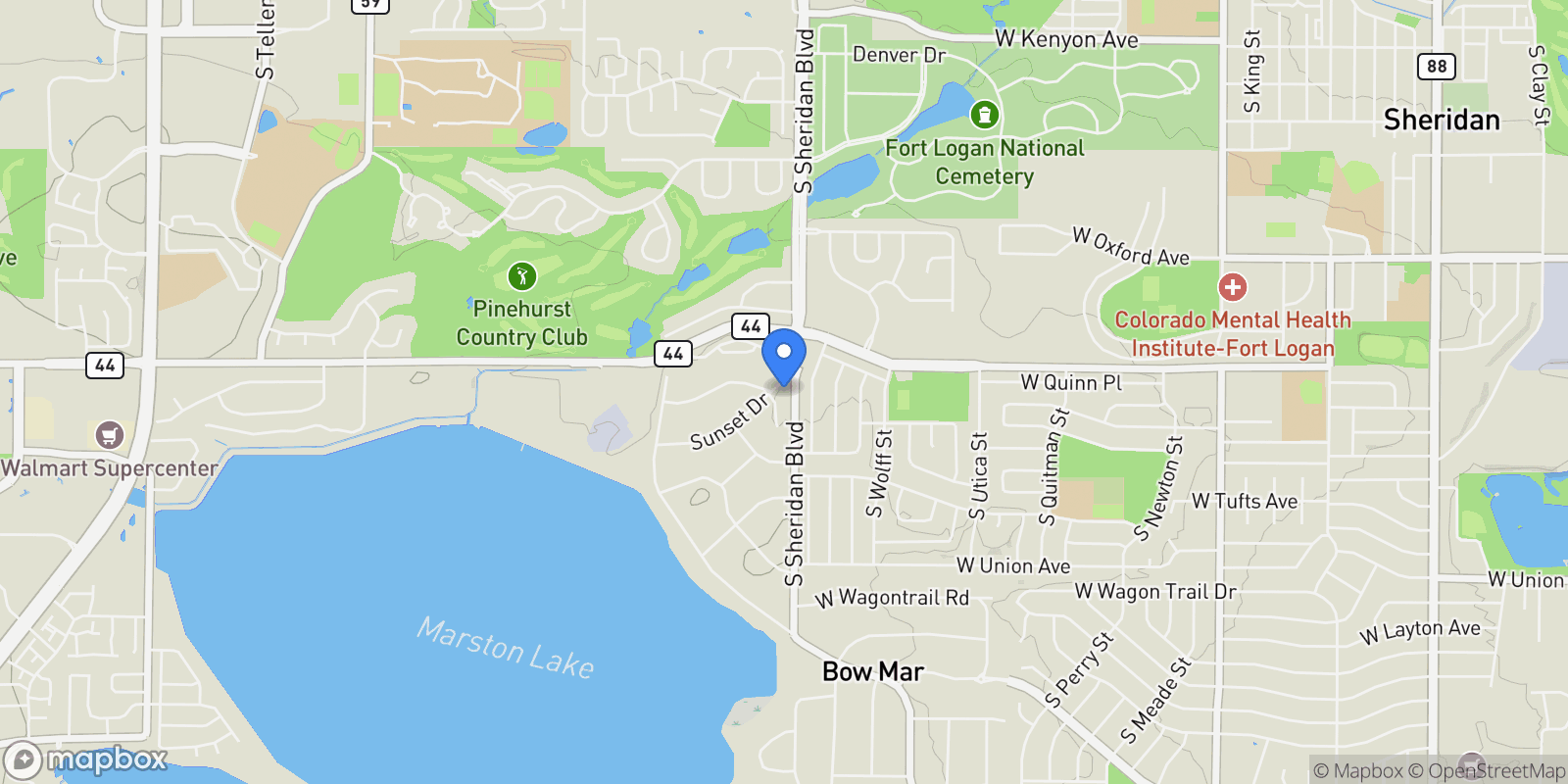 Map showing 5200 Sunset Drive, Columbine Valley, Colorado, United States.