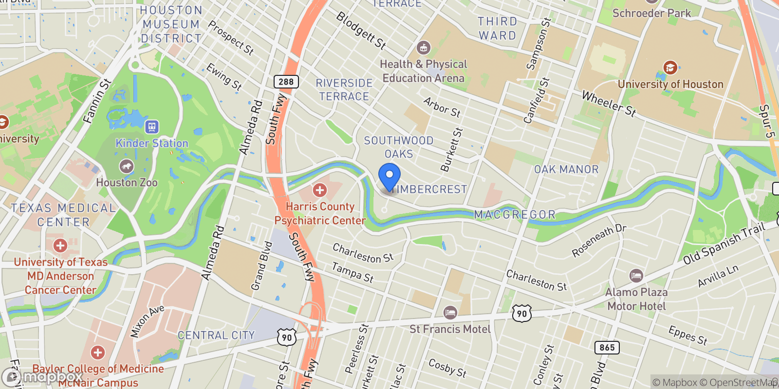 Map showing 3221 N Macgregor Way, Houston, Texas, United States.