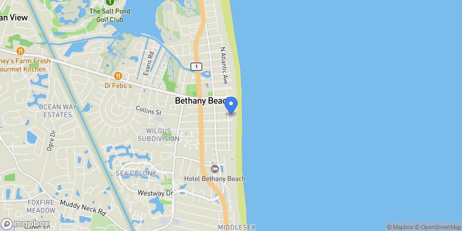 Map showing 34 S ATLANTIC AVE, BETHANY BEACH, DE, 19930, USA, Bethany Beach, Delaware, United States.