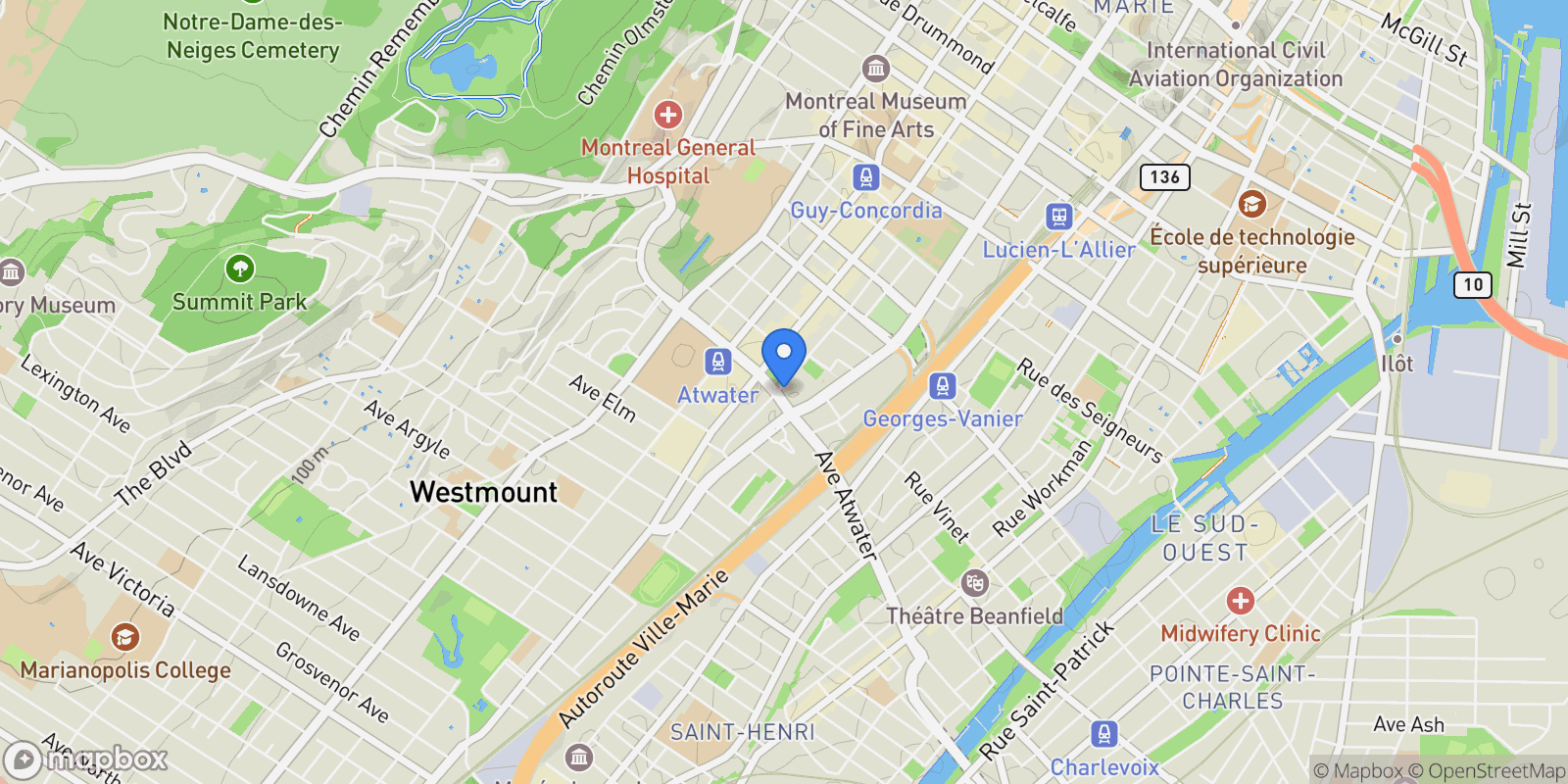 Map showing 1111 Av. Atwater, Apt. 3202, Westmount, QC H3Z1X2, Westmount, Quebec, Canada.