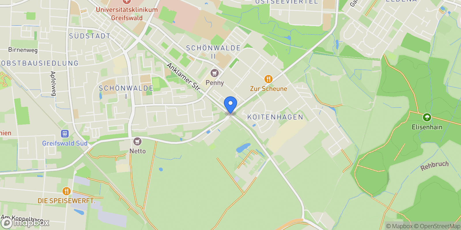 Map showing Greifswald, Mecklenburg-Vorpommern, Germany.
