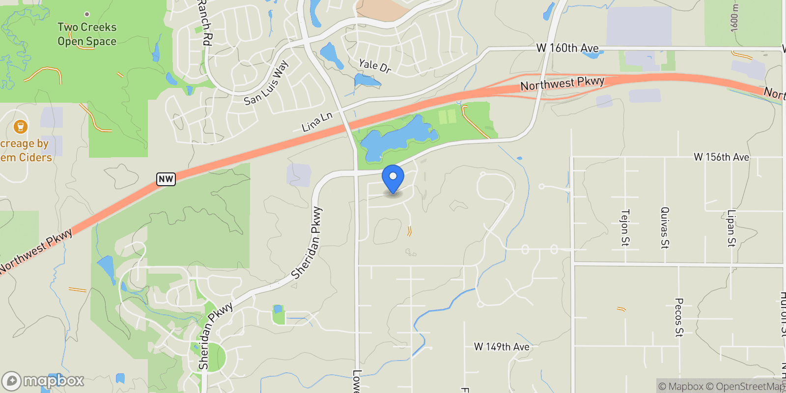 Map showing 3434 W 154th Place, Broomfield, Colorado, United States.