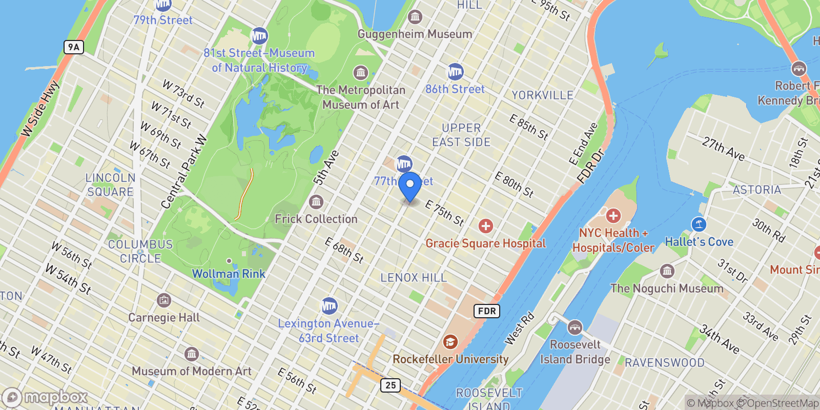 Map showing The 74, 201 E 74TH ST, New York, New York, United States.