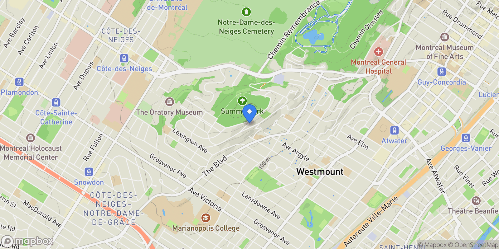 Map showing 118 Av. Upper-Bellevue, Westmount, QC H3Y1B8, Westmount, Quebec, Canada.