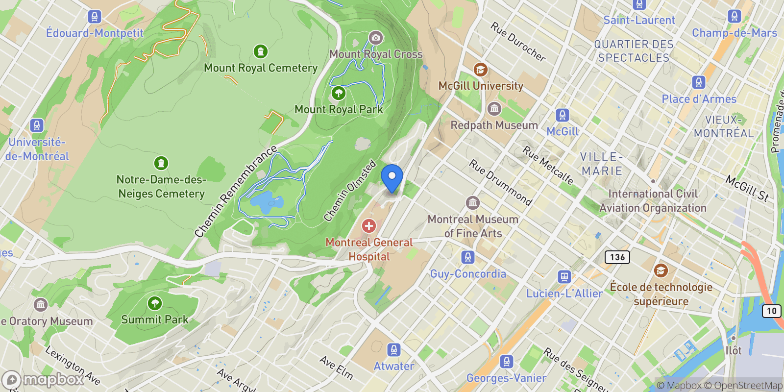 Map showing 1475 Av. des Pins O., Montreal, QC H3G1B3, Montreal, Quebec, Canada.