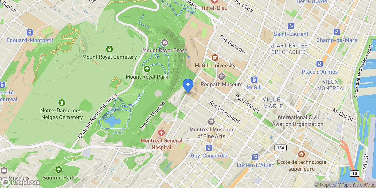 Map showing 1250 Av. des Pins O., Apt. 410, Montreal, QC H3G2P5, Montreal, Quebec, Canada.
