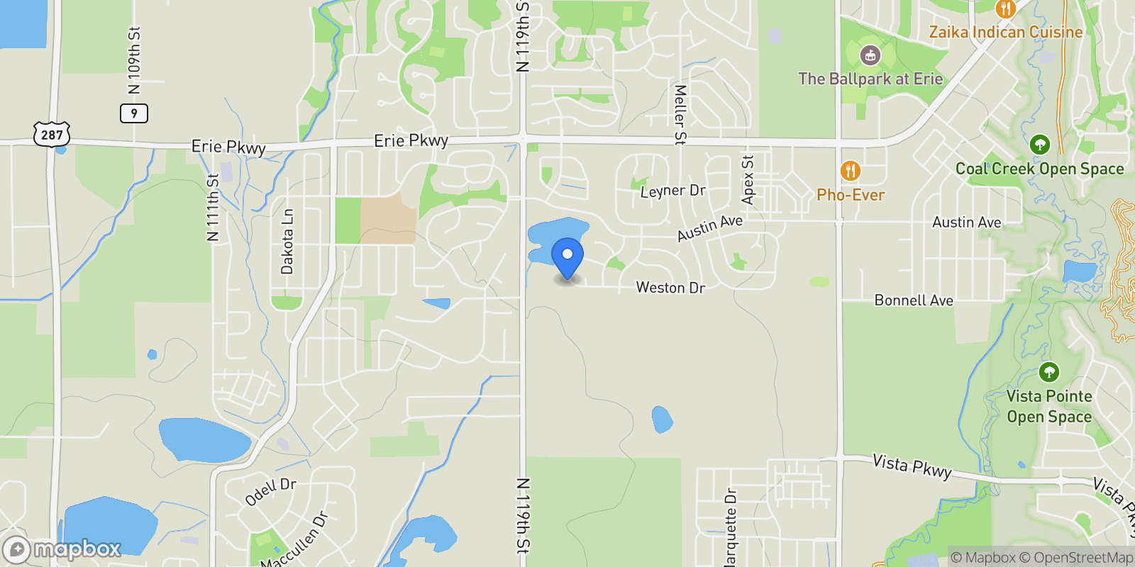 Map showing 936 Weston Circle, Erie, Colorado, United States.