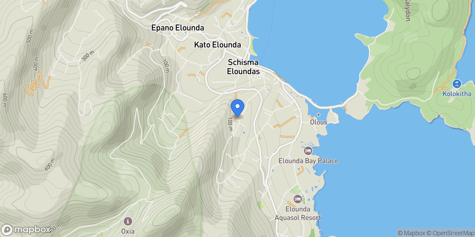 Map showing Lasithi Prefecture, Community of Elounta, Agios Nikolaos Municipal Unit, Greece.