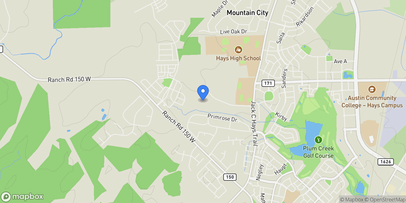 Map showing 301 Crystal Meadows DR, Kyle, Texas, United States.