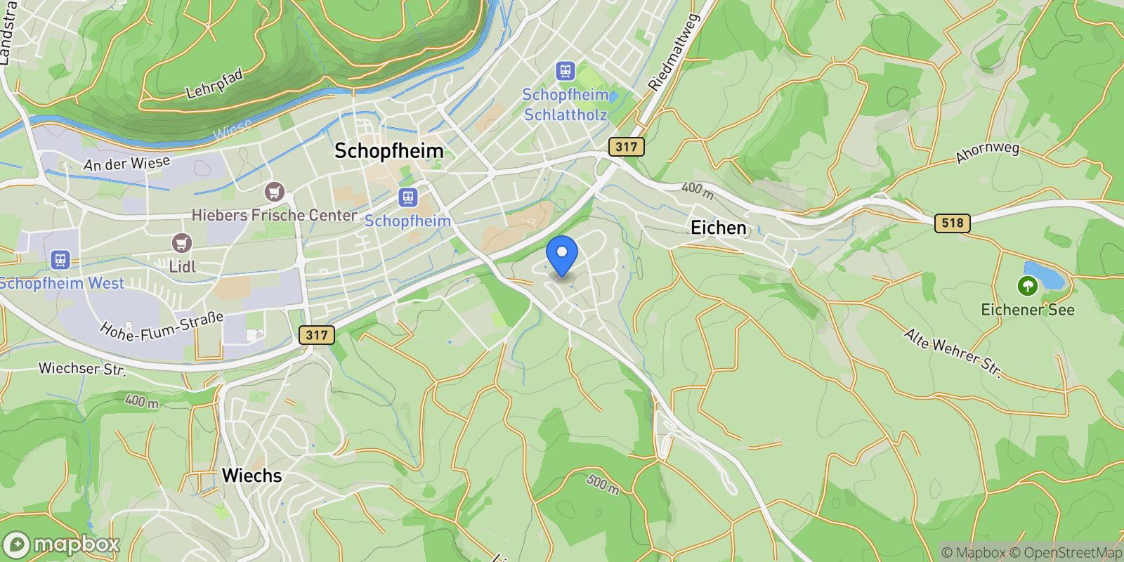 Map showing Schopfheim, Baden-Württemberg, Germany.