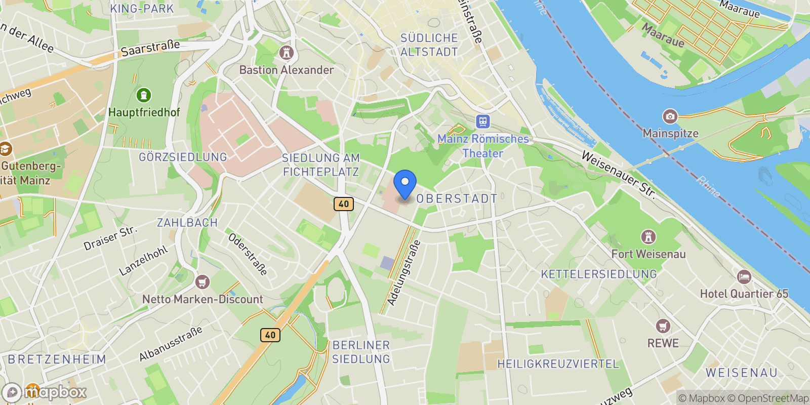 Map showing Mainz, Rhineland-Palatinate, Germany.