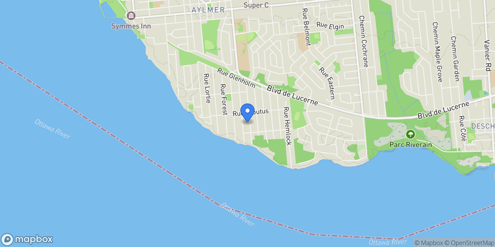 Map showing 25 Rue Butternut, Aylmer, QC J9H3Z8, Gatineau, Quebec, Canada.