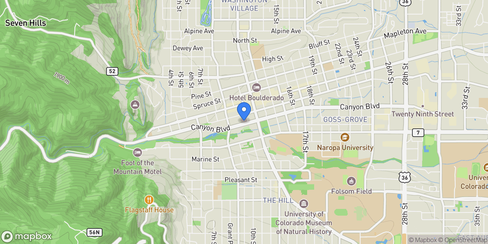 Map showing 1077 Canyon Boulevard 304, Boulder, Colorado, United States.