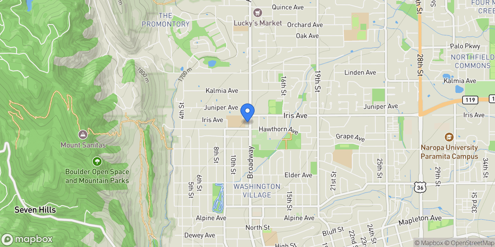 Map showing 3319 Broadway Street, Boulder, Colorado, United States.