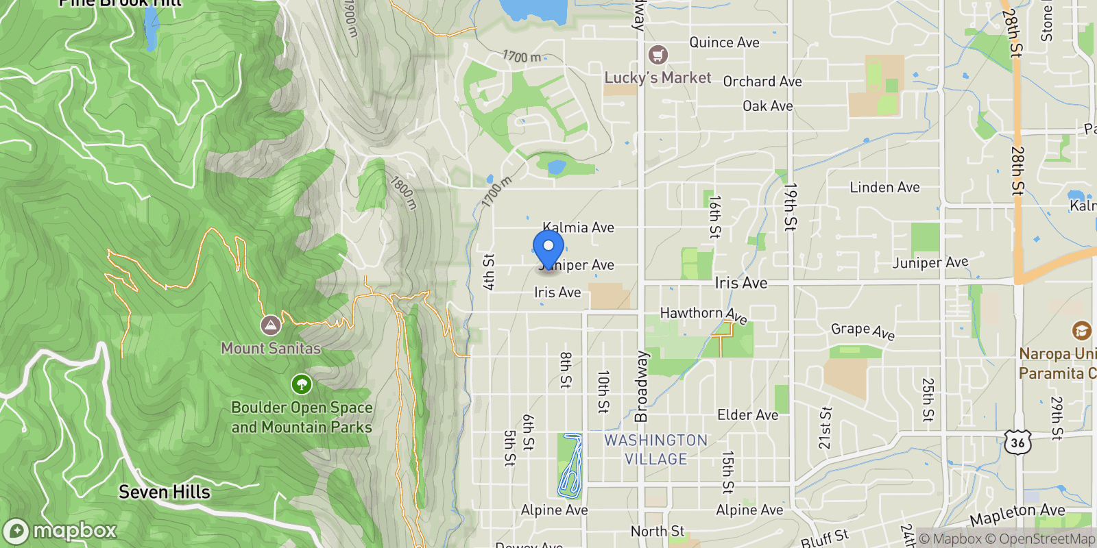 Map showing 706 Juniper Avenue, Boulder, Colorado, United States.