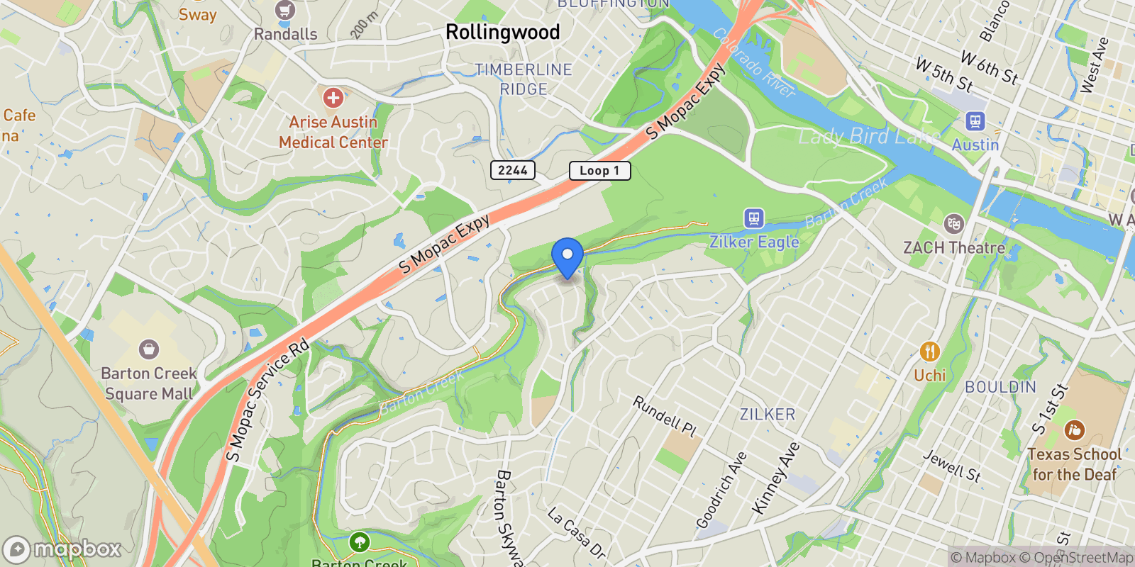Map showing 1701 Bartoncliff DR, Austin, Texas, United States.