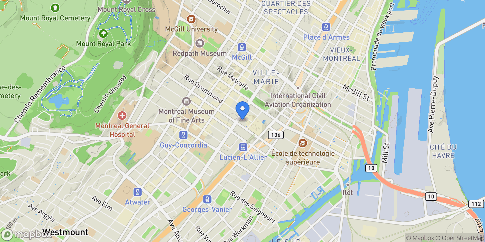 Map showing 1300 Boul. René-Lévesque O., Apt. 307, Montreal, QC H3G0B7, Montréal, Quebec, Canada.