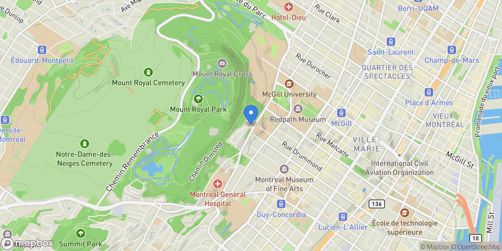 Map showing 1210 Rue Redpath-Crescent, Montreal, QC H3G2K1, Montreal, Quebec, Canada.