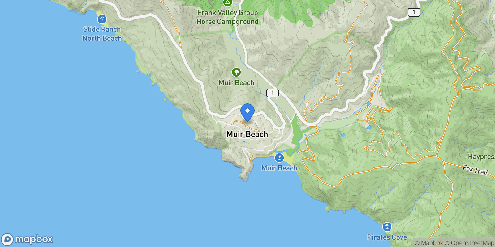 Map showing 36 Starbuck Drive , Muir Beach, CA 94965, Sausalito, California, United States.