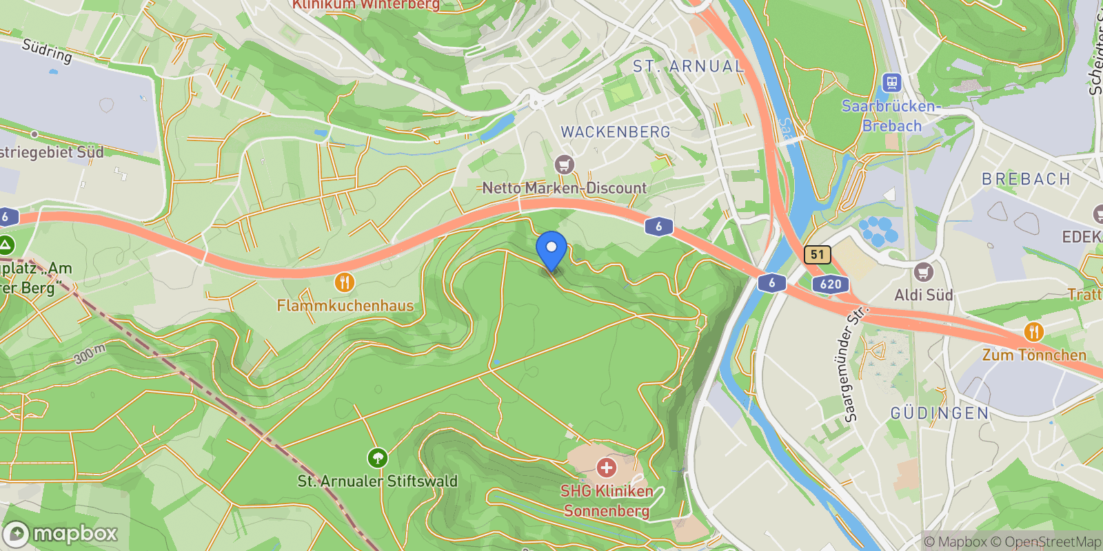 Map showing Saarbrücken, Saarland, Germany.