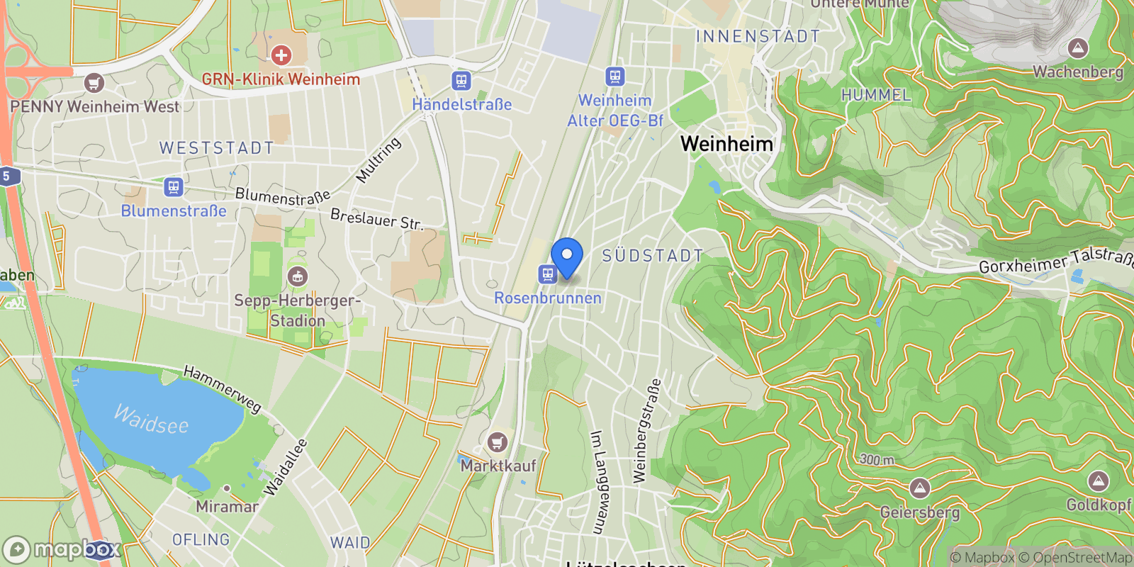 Map showing Weinheim, Baden-Württemberg, Germany.