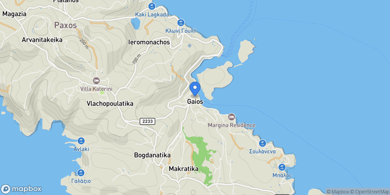Map showing Paxi, Peloponnese, Western Greece and the Ionian, Greece.