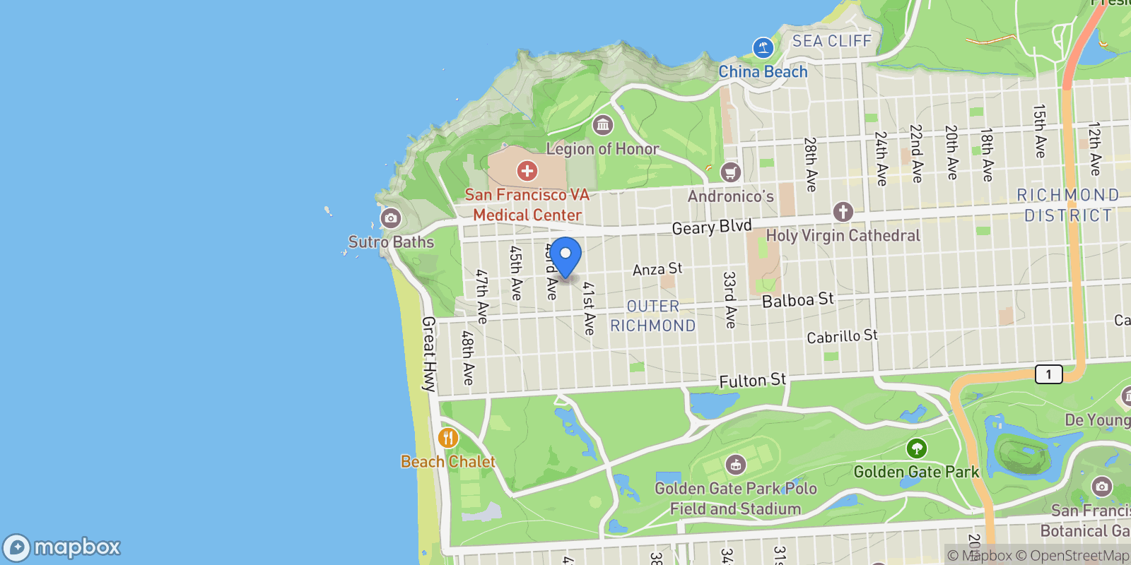Map showing 615 42nd Avenue, San Francisco, CA 94121, San Francisco, California, United States.