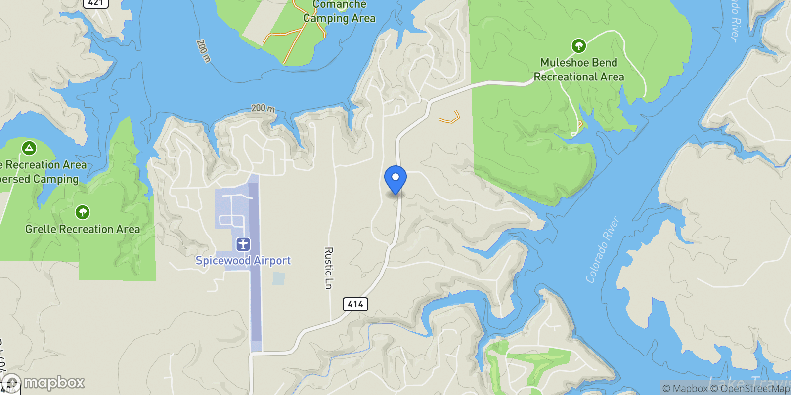 Map showing 1881 County Road 414, Spicewood, Texas, United States.