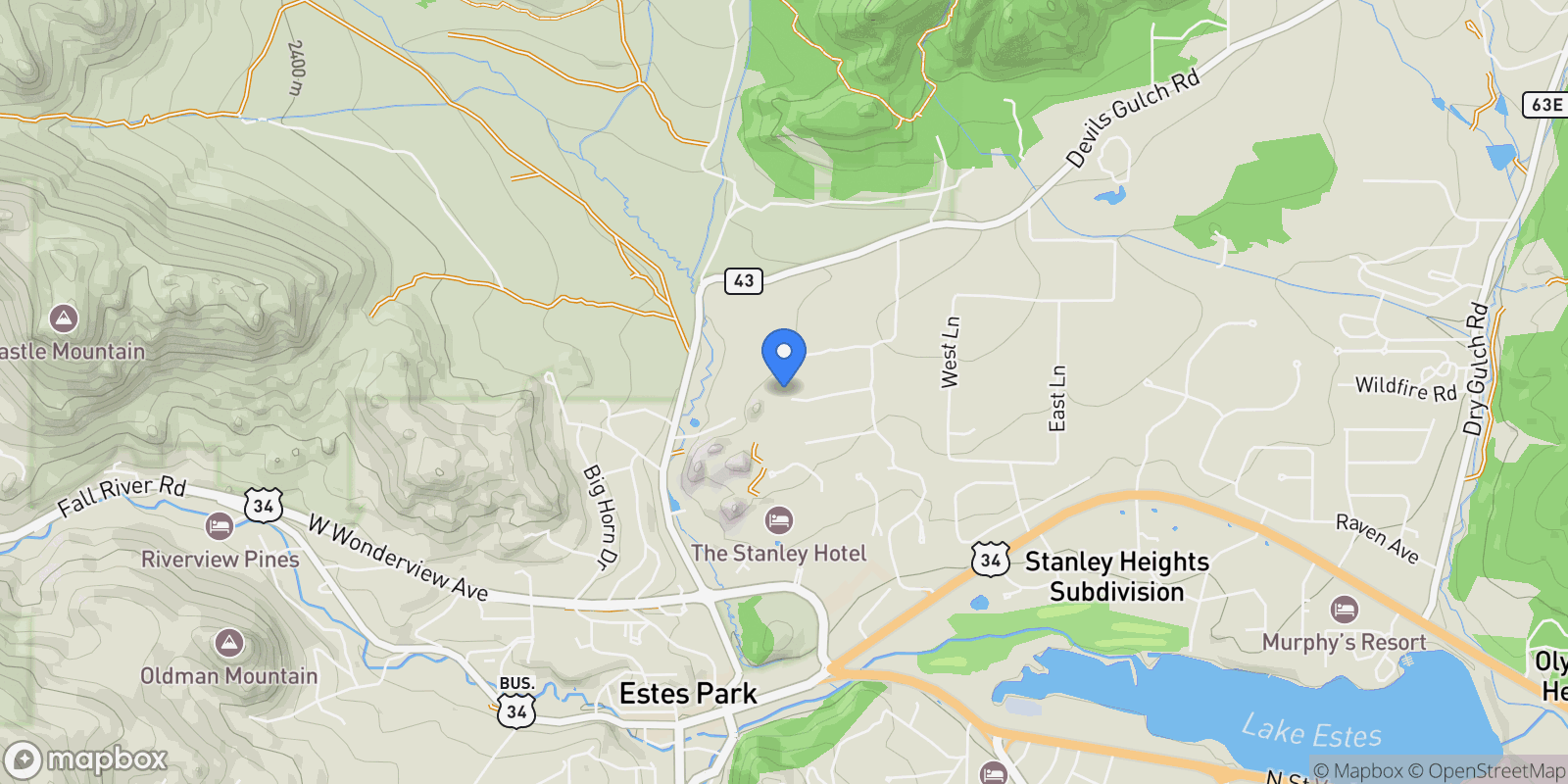 Map showing 341 Homesteader Lane, Estes Park, Colorado, United States.