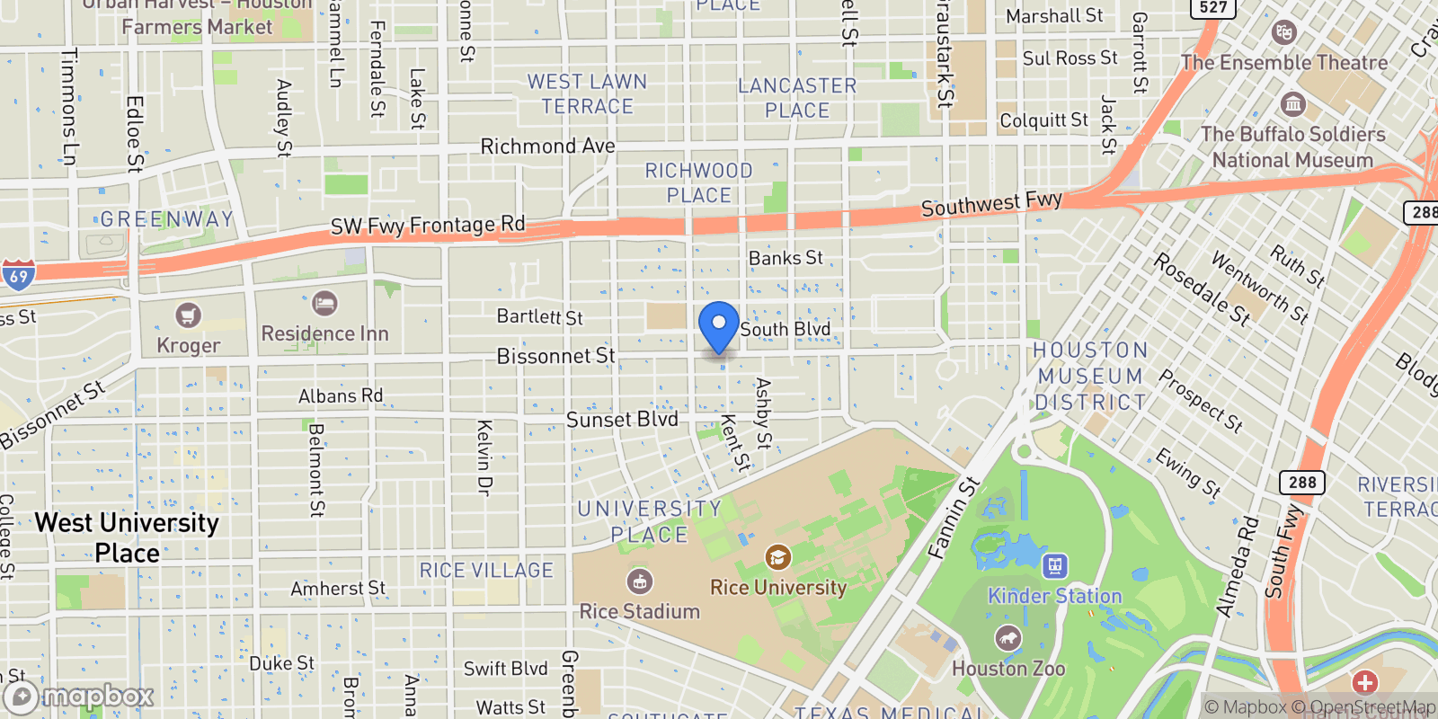 Map showing 1905 Bissonnet Street, Houston, Texas, United States.