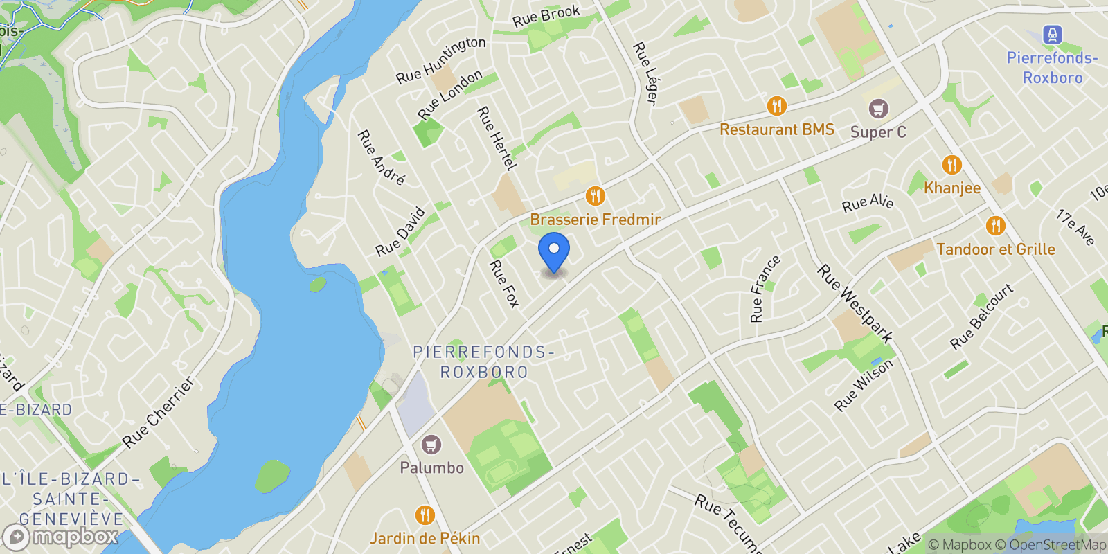 Map showing 13209 Rue Racine, Pierrefonds Roxboro, QC H8Z1Y8, Montréal, Quebec, Canada.