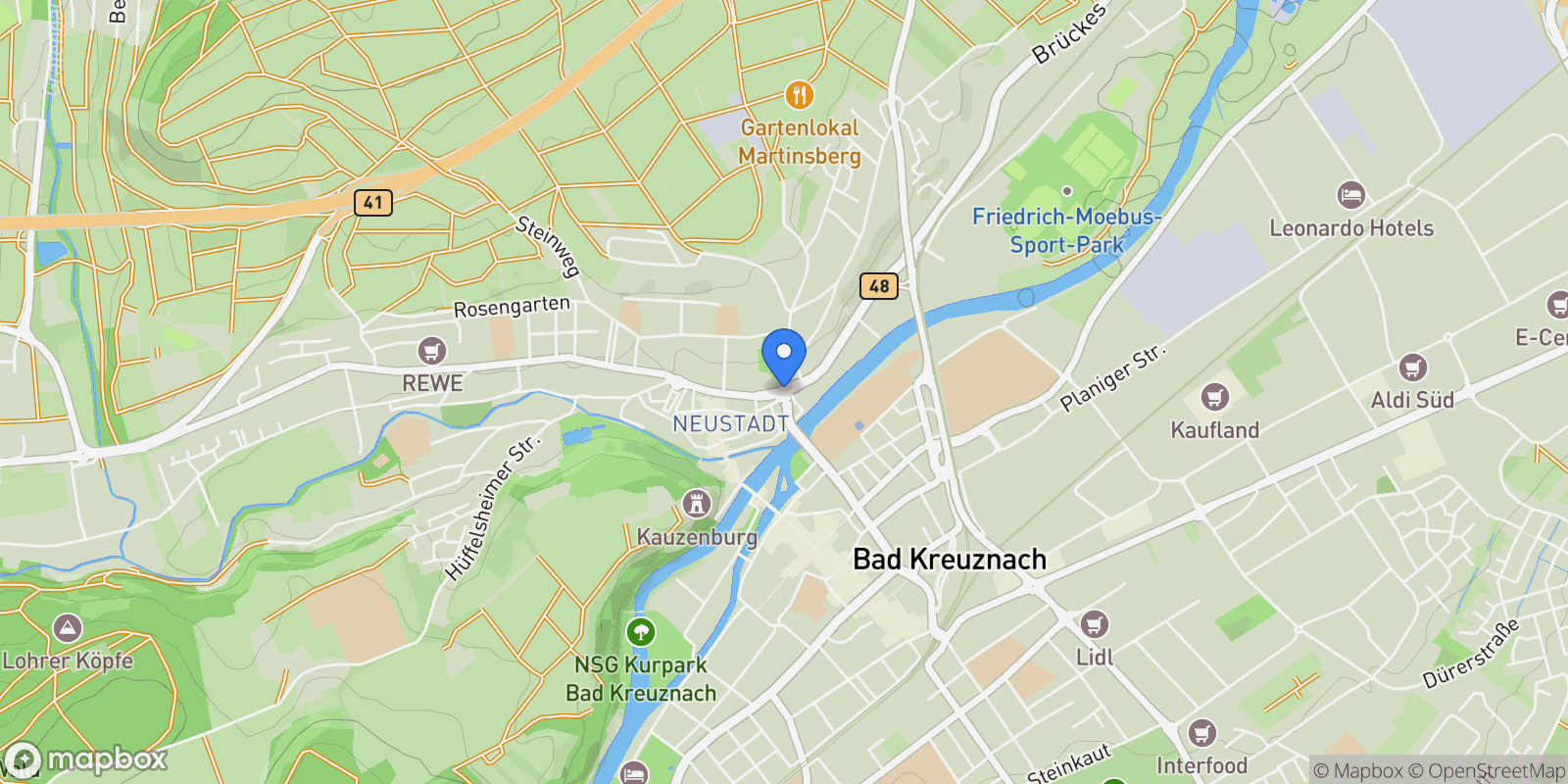 Map showing Bad Kreuznach, Rhineland-Palatinate, Germany.