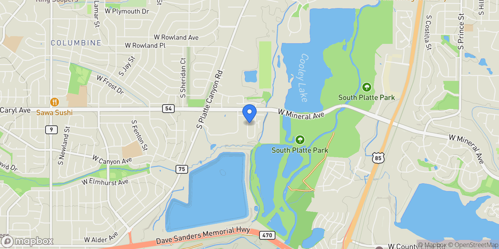 Map showing 7604 S Platteview Drive, Columbine, Colorado, United States.