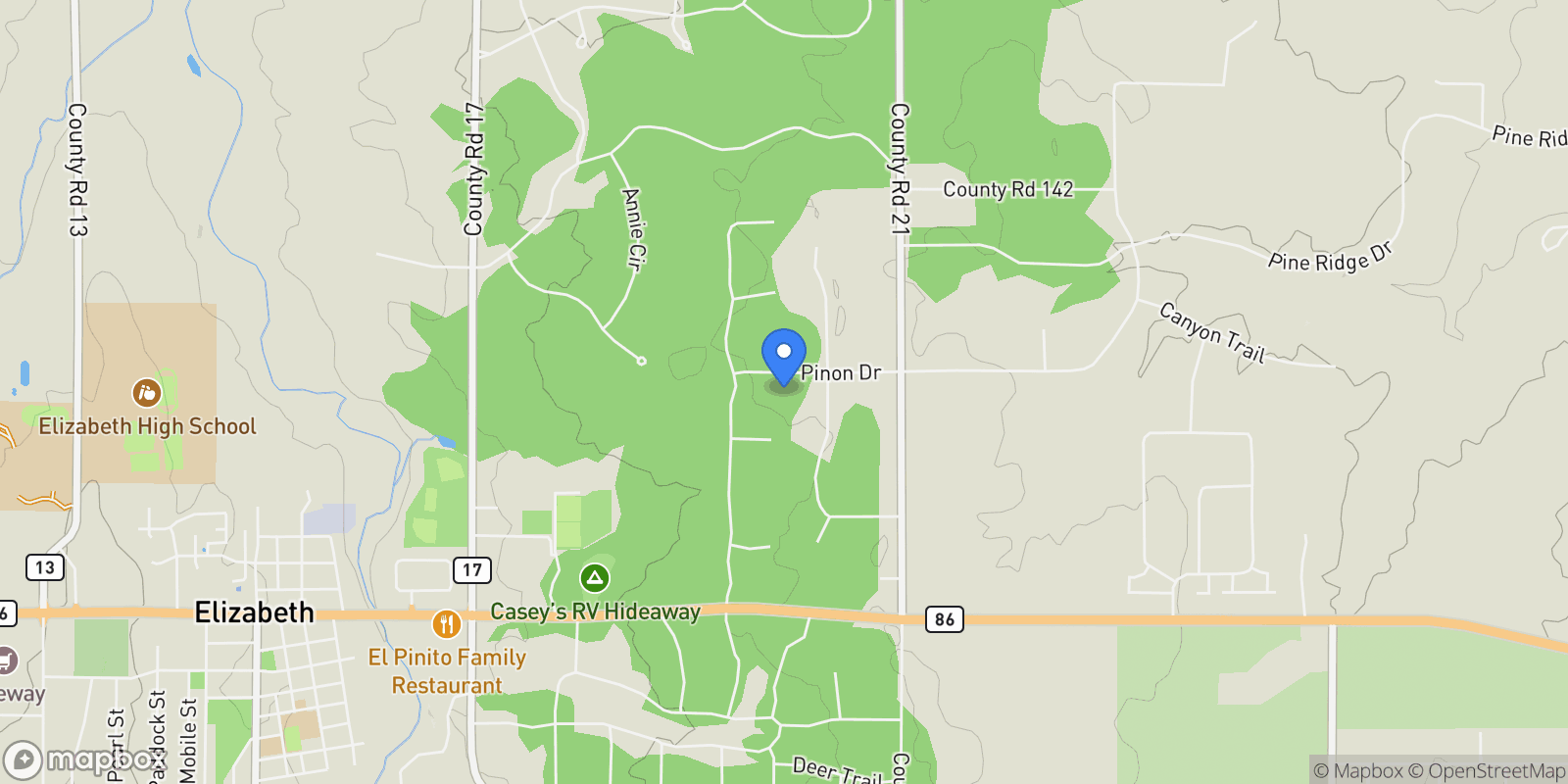 Map showing 4726 Pinon Drive, Elizabeth, Colorado, United States.