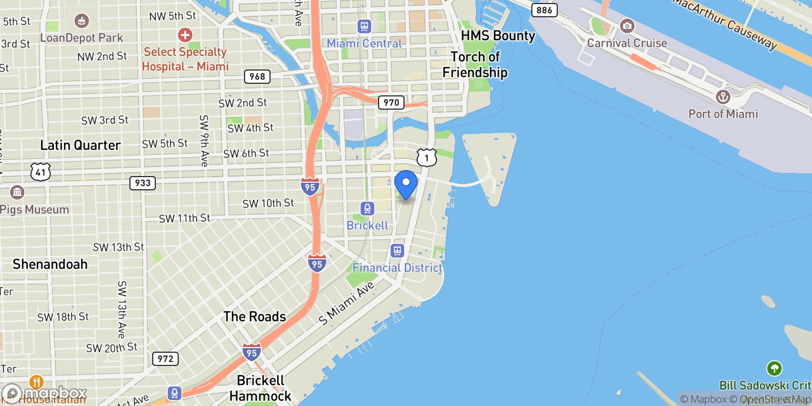 Map showing 1010 Brickell Av, Miami, Florida, United States.