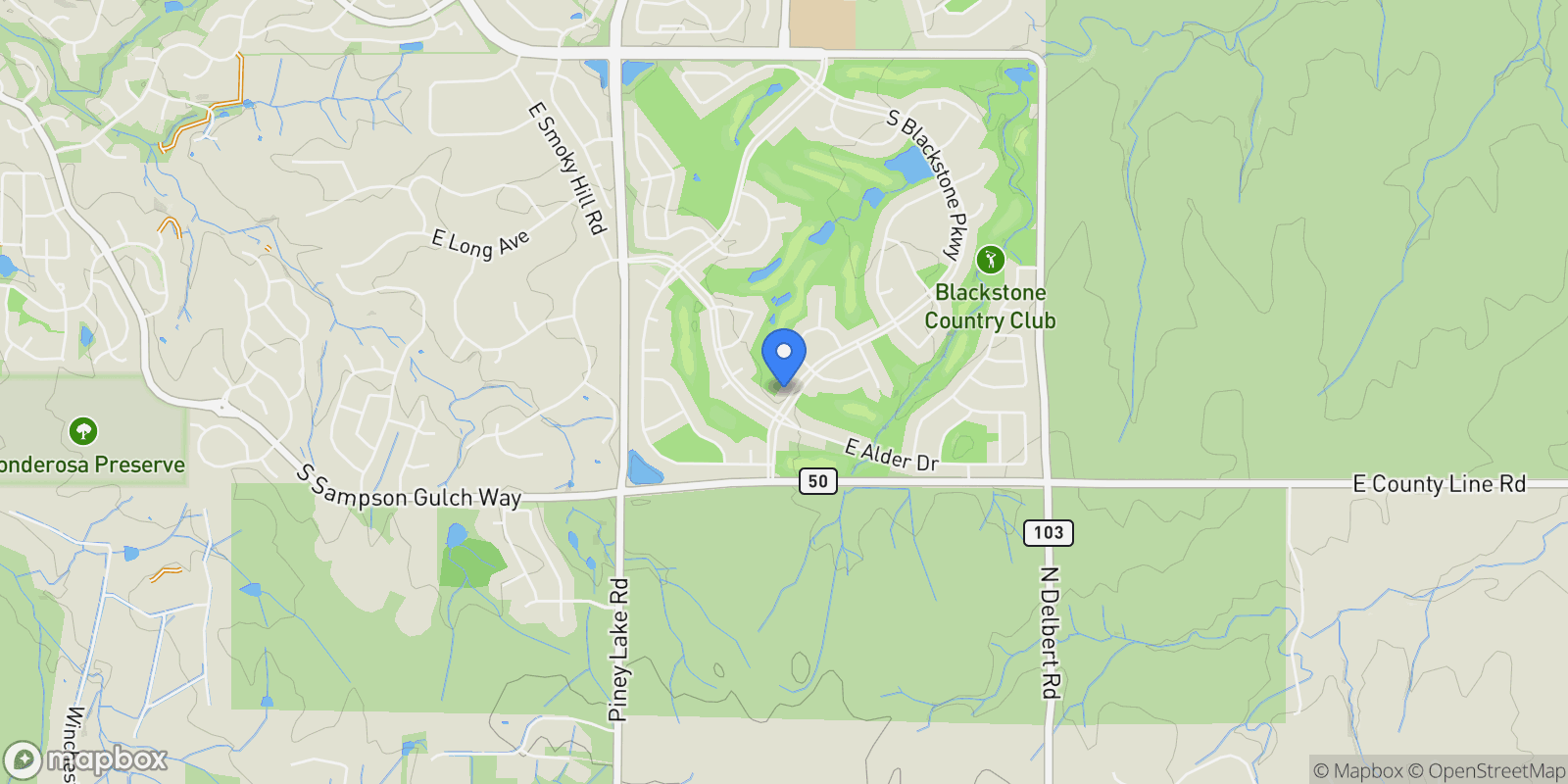 Map showing 8149 S Blackstone Parkway, Aurora, Colorado, United States.