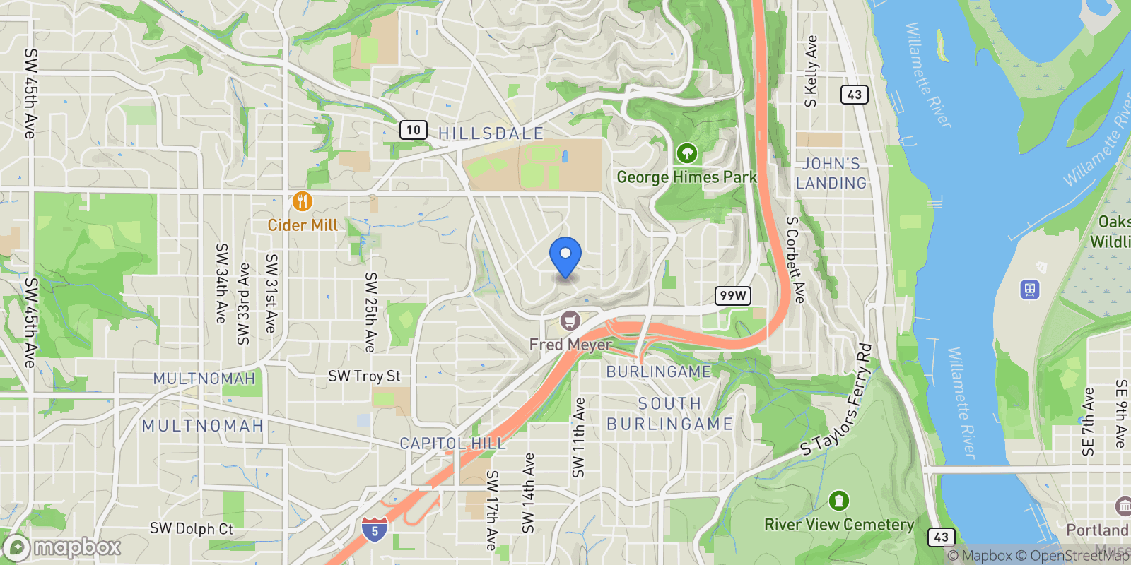 Map showing 7131 SW 12TH AVE, Portland, OR, 97219, USA, Portland, Oregon, United States.