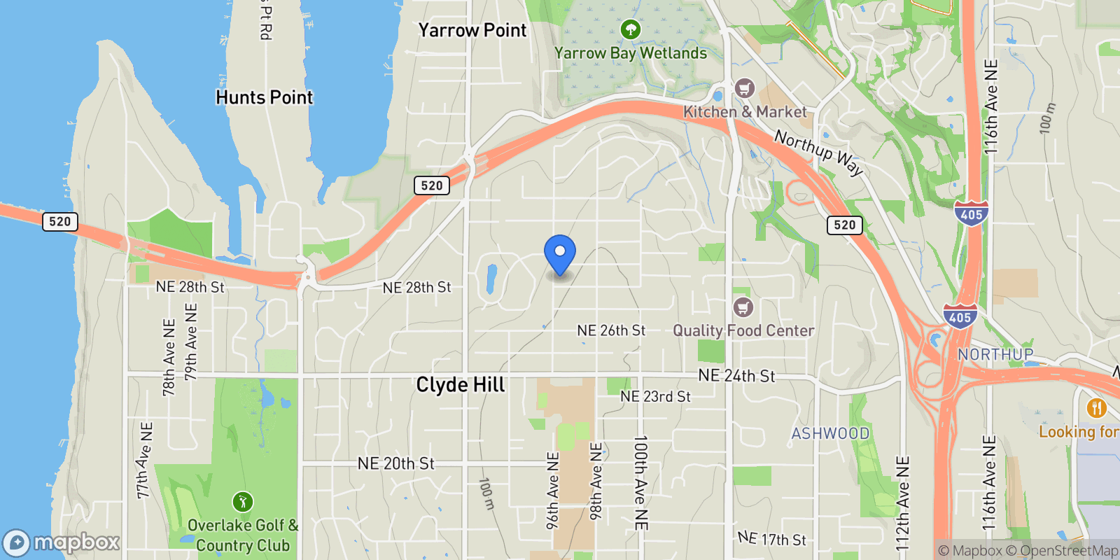 Map showing 9600 NE 28th St , Clyde Hill, WA 98004, Bellevue, Washington, United States.