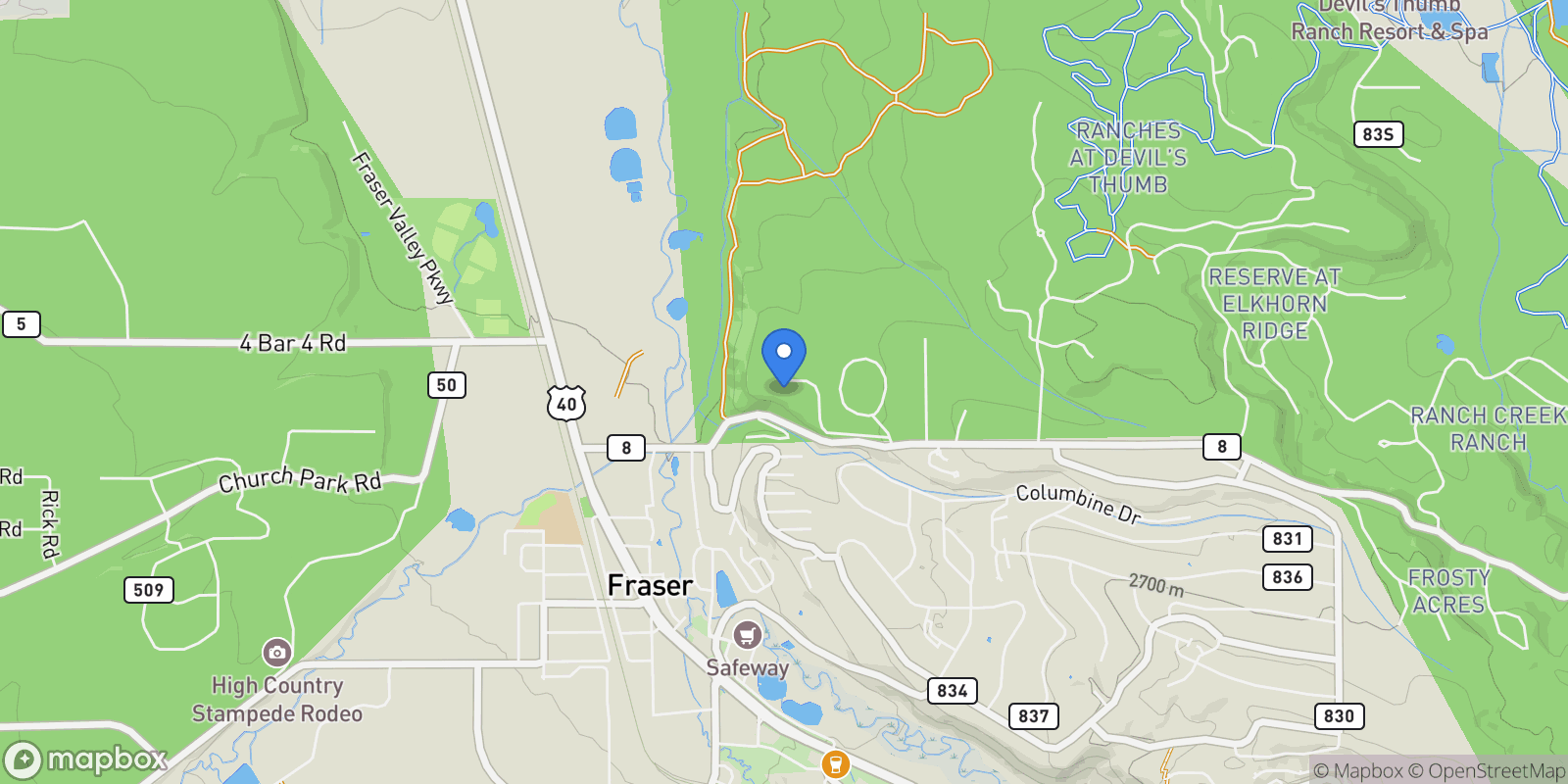 Map showing 127 Grand County Road 8030, Fraser, Colorado, United States.