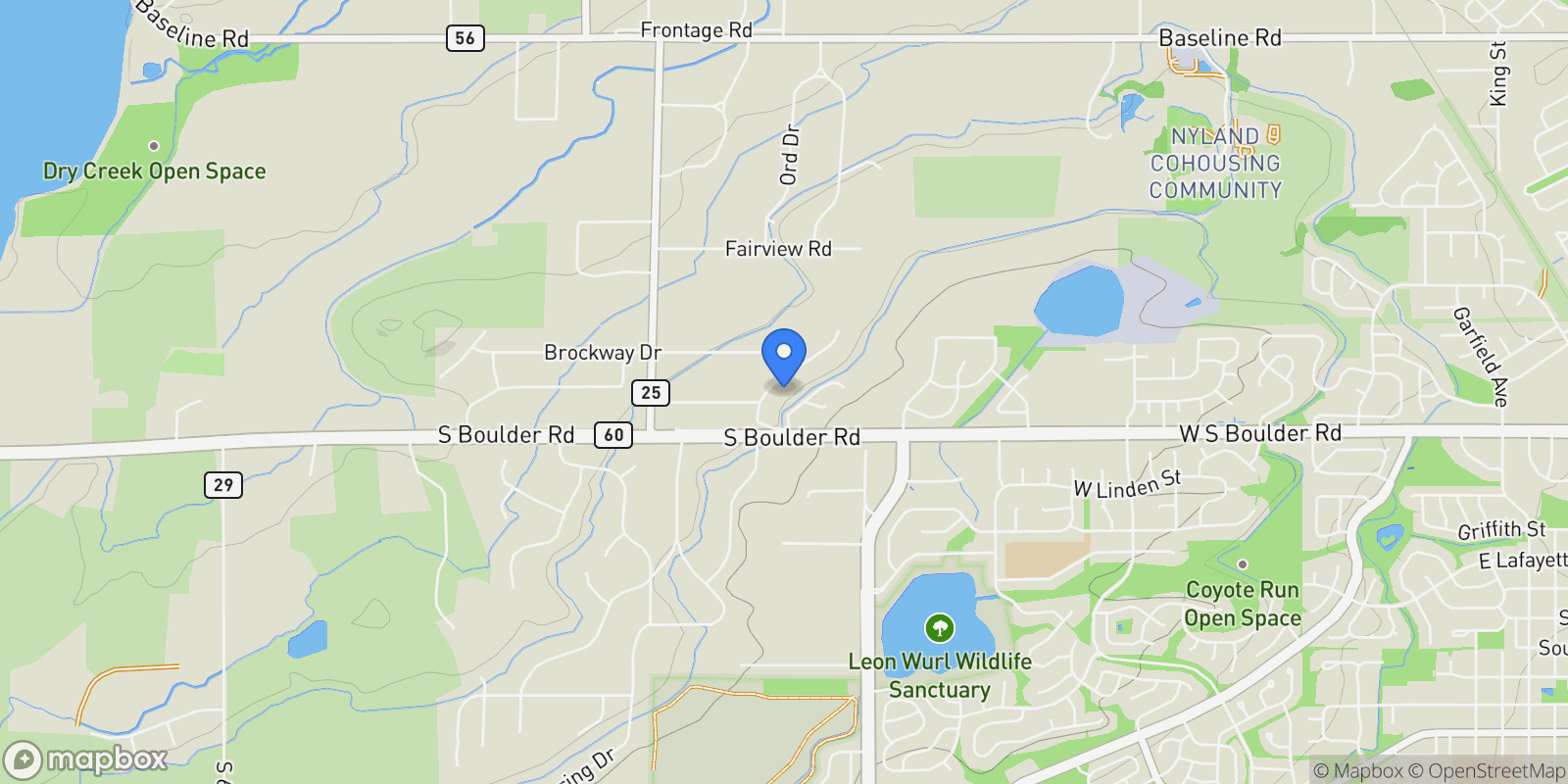 Map showing 182 Ridge Road, Boulder, Colorado, United States.