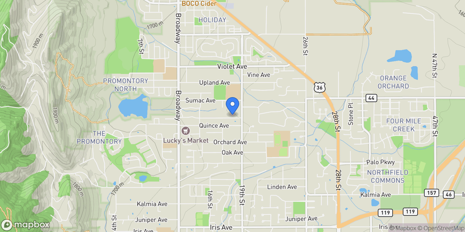 Map showing 1801 Redwood Avenue, Boulder, Colorado, United States.
