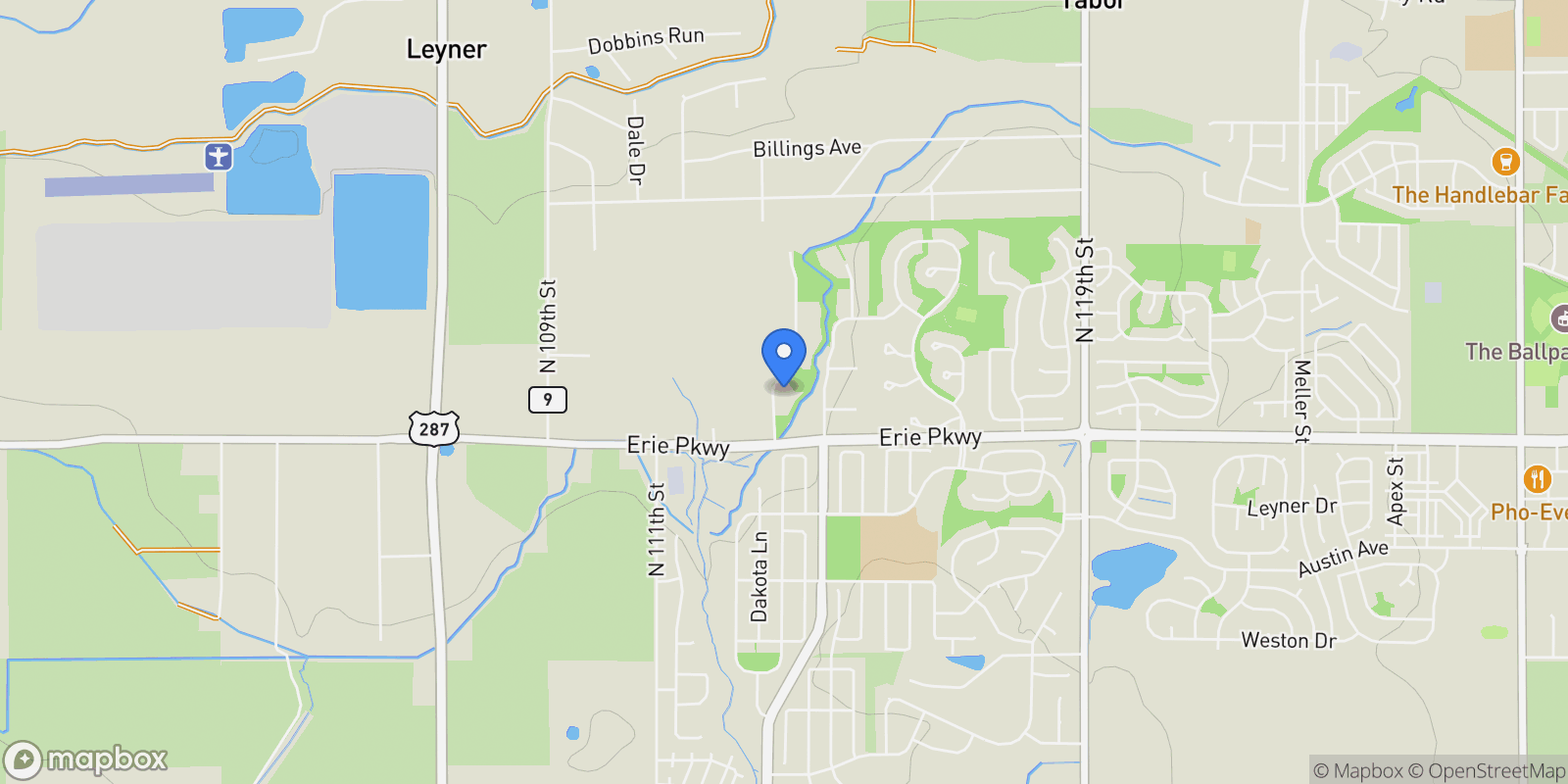 Map showing 385 Baxter Farm Lane, Erie, Colorado, United States.