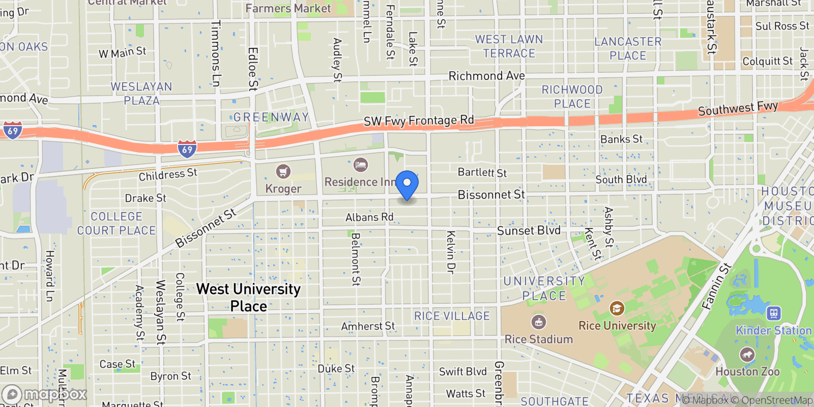 Map showing 2638 Wroxton Road, Houston, Texas, United States.