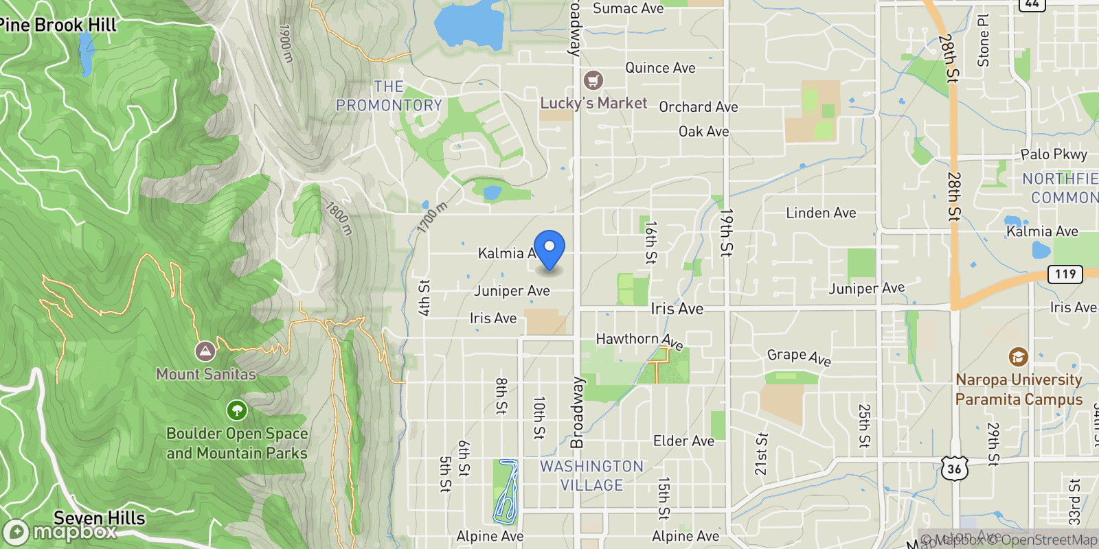 Map showing 1127 Juniper Avenue, Boulder, Colorado, United States.