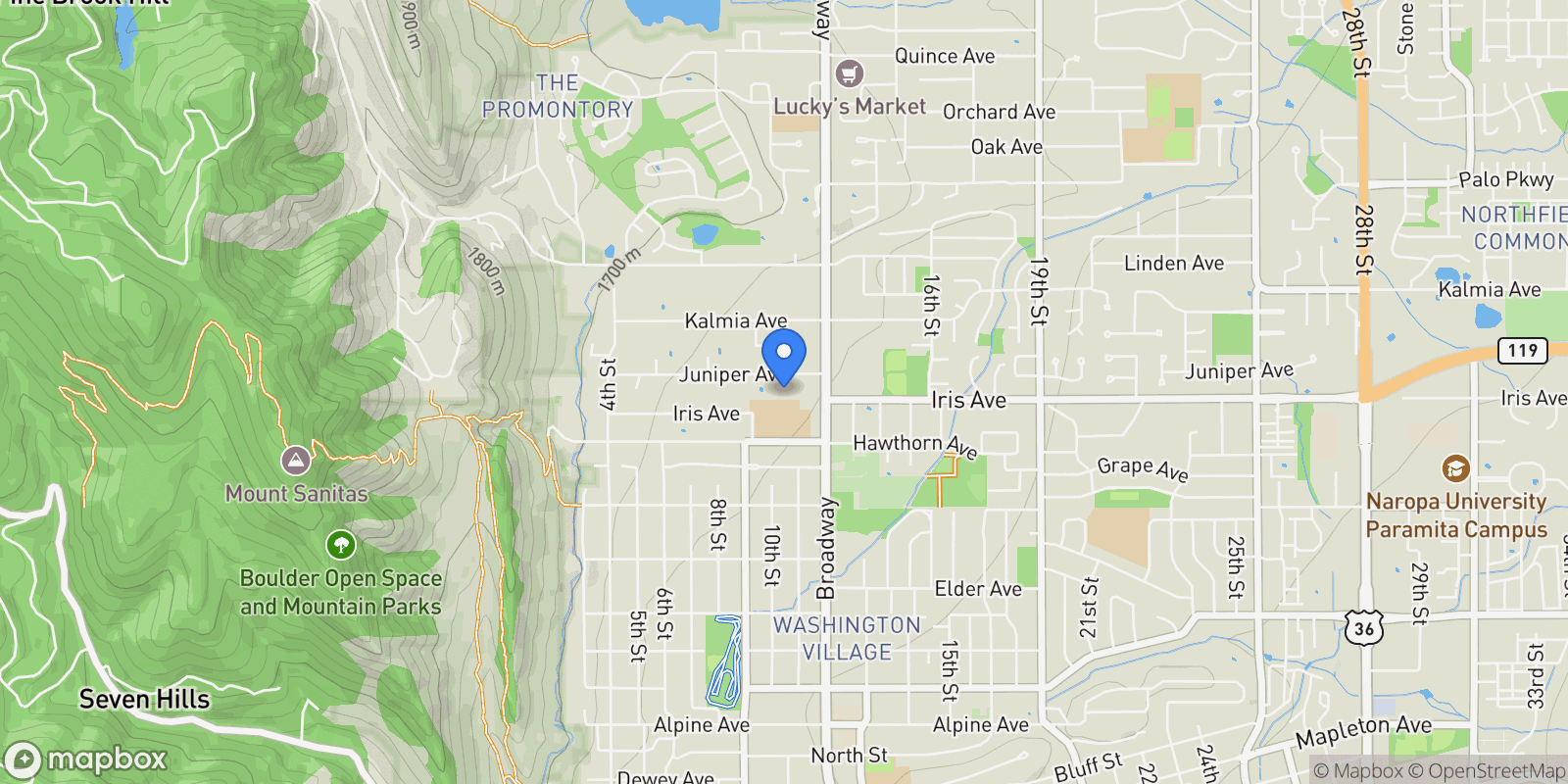 Map showing 1070 Juniper Avenue, Boulder, Colorado, United States.